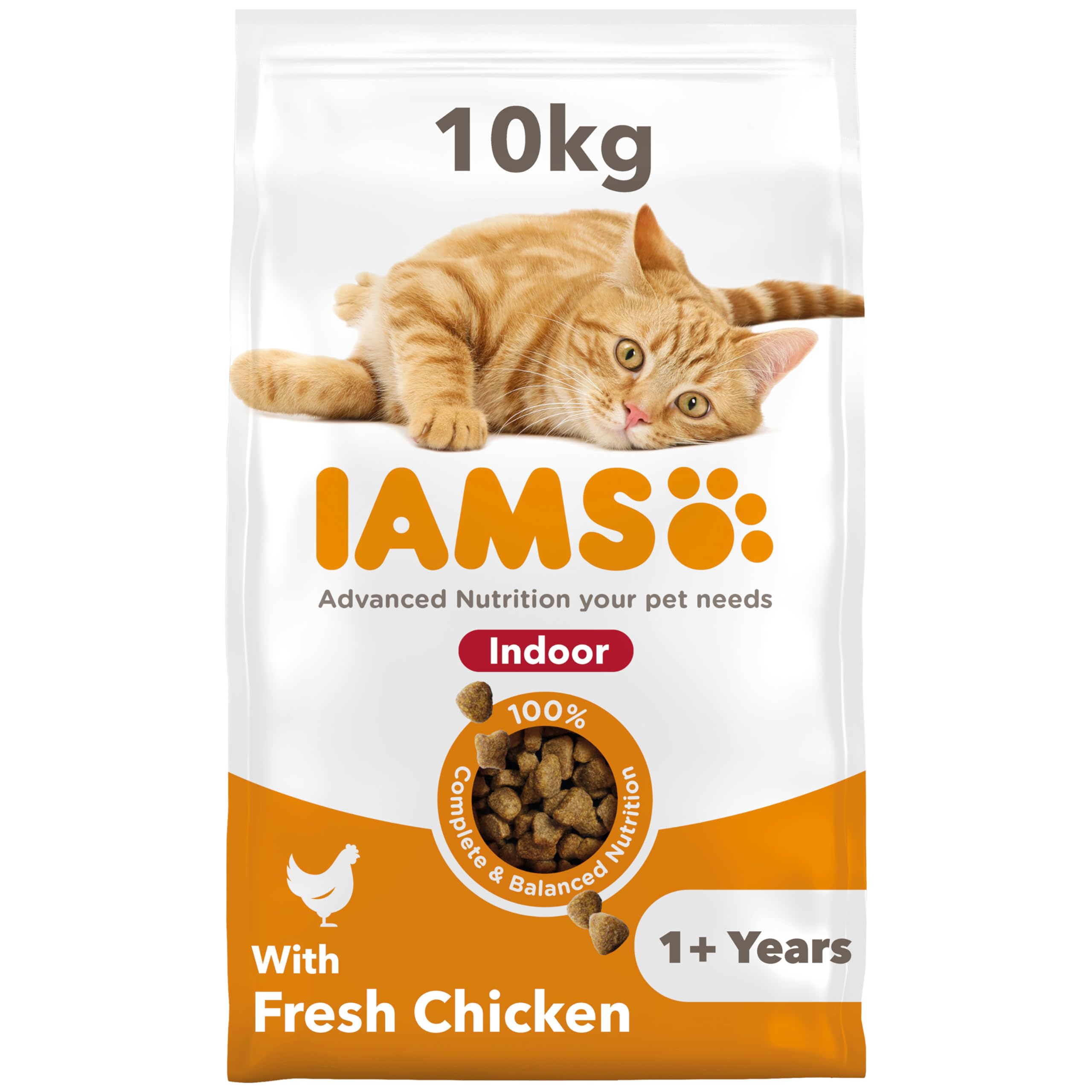 IAMS Indoor Complete Dry Cat Food Chicken 10kg - Litter Odour Control, Hairballs & Weight Management