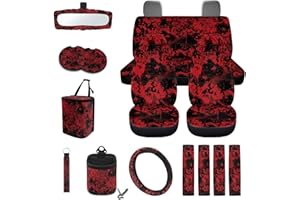 Wanyint Bloody Print Cobweb Car Seat Cover Split Covers for Women Men, Car Steering Wheel Cover Seat Belt Pads Trash Bin Mount Phone Holder Rearview Mirror Cover Cup Holder Wrist Key Chain, 15 PCS Set