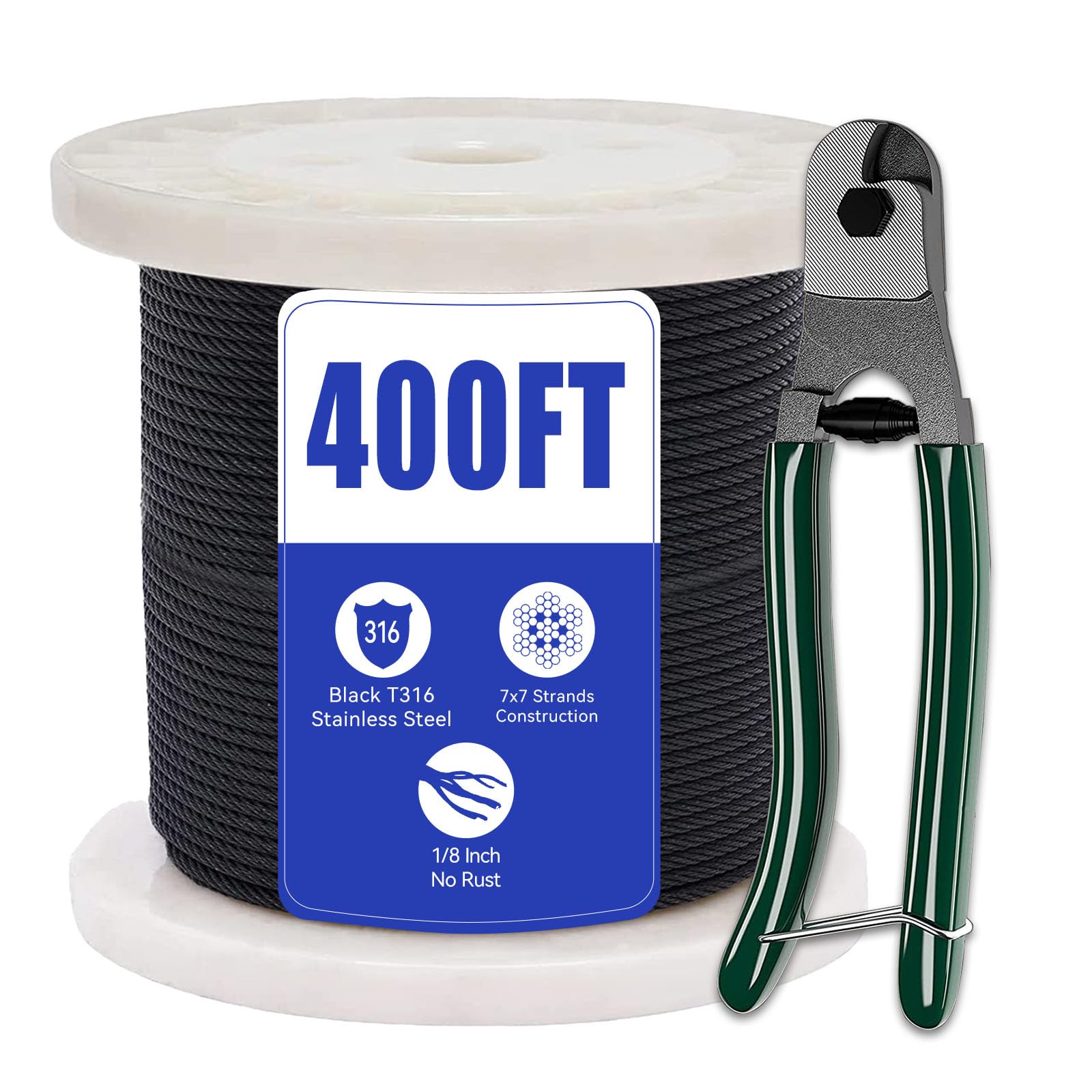 Photo 1 of 1/8 Black Cable Railing T316 Stainless Steel Cable for Deck Cable Railing with Cutter 7x7 Strands Construction or Cable Deck Railing System 400FT