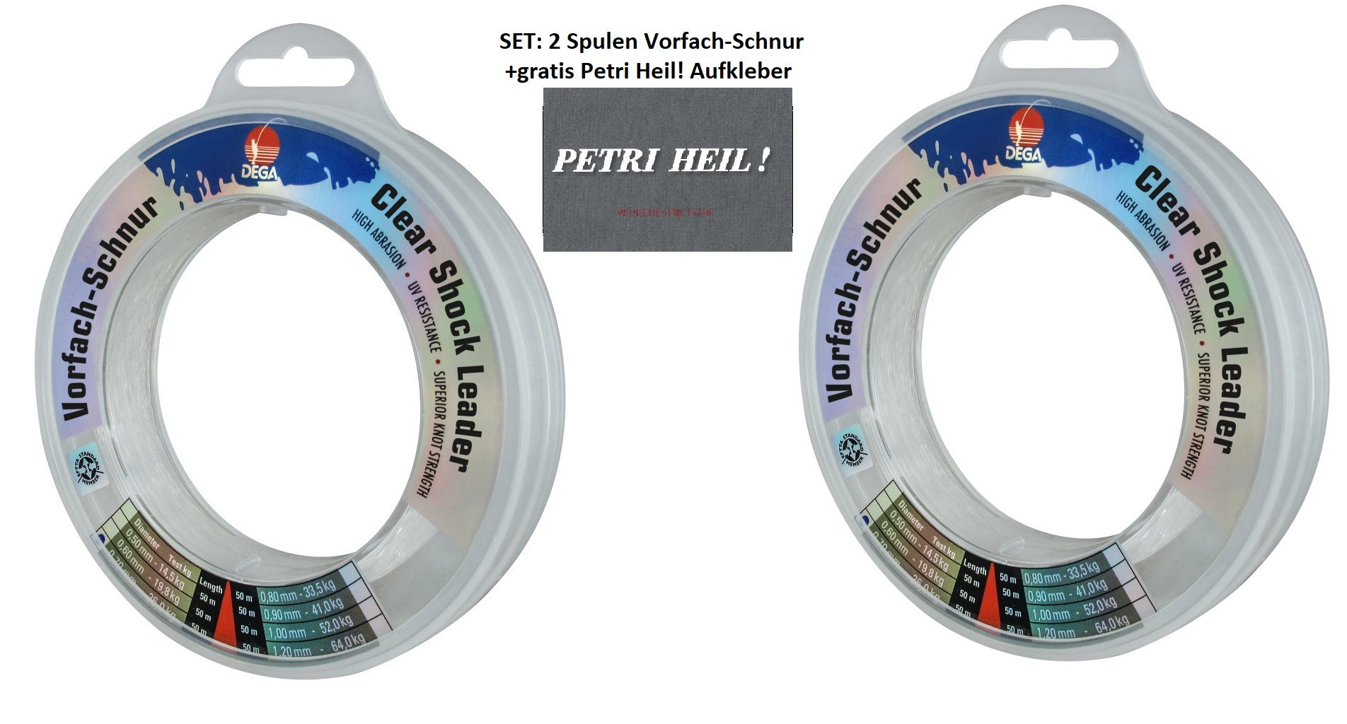 Set: 2 spools of saltwater leader leader 0.50 mm, 2 x 50 m, 14.5 kg + free Petri Heil! sticker