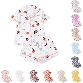 JiXiang Halloween Pajamas Women 2 Piece Cute Ghost Pumpkin Print Sets Short Sleeve Button Shirts Matching Shorts Sleepwear