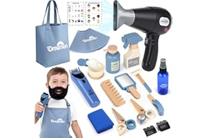 DREAMON Barber Shop Pretend Play Set, Kids Shaving Kit Hair Salon Toys for Boys with Wearable Beard, Electric Shaver, Blow Dryer and Tool Bag, Toddler Role Play Barber Accessories for Boys & Girls Gifts