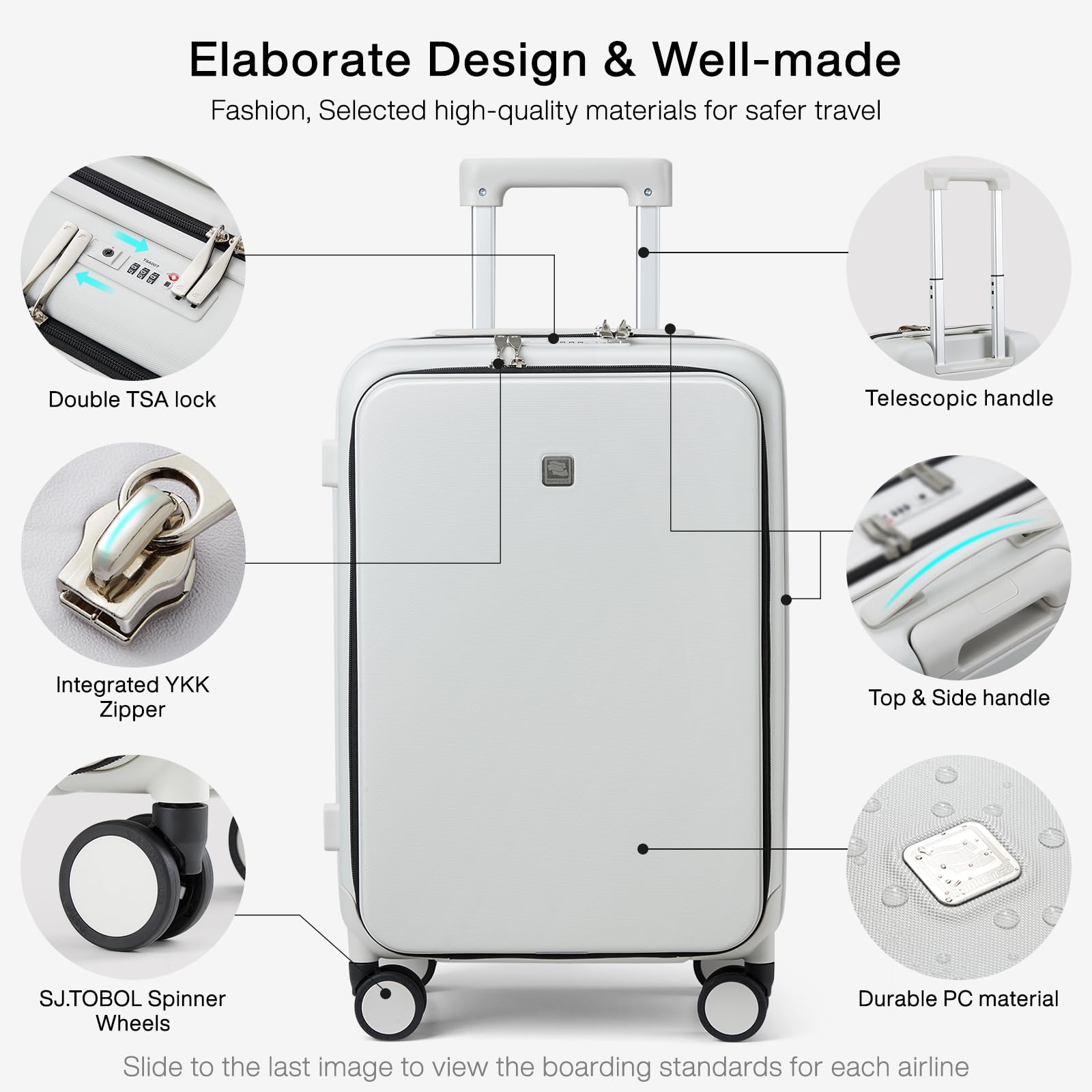 Hanke Grace Carry On Luggage with Wheels Airline Approved Hard Shell Suitcases with Front Pocket，Top Opening Luggage with TSA Lock for Short Business Travel，Smoke White.