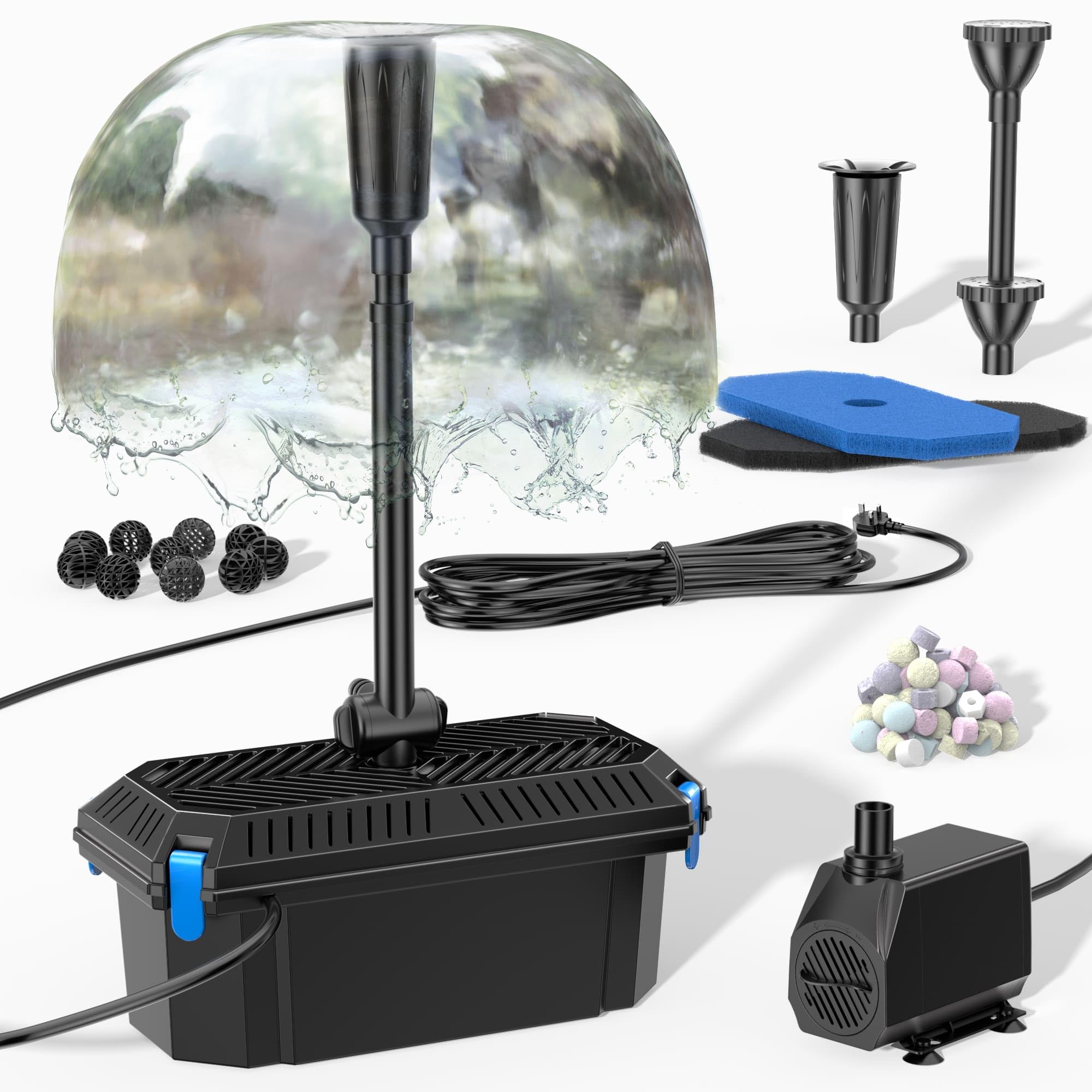 Biling Pond Filter Pump 2500 L/H 40W Pond Pump and Filter, 3 Fountain Nozzles with Water Adjust Flow Fish Tank Filters for 800-4000L Garden Ponds Water Feature Waterfall