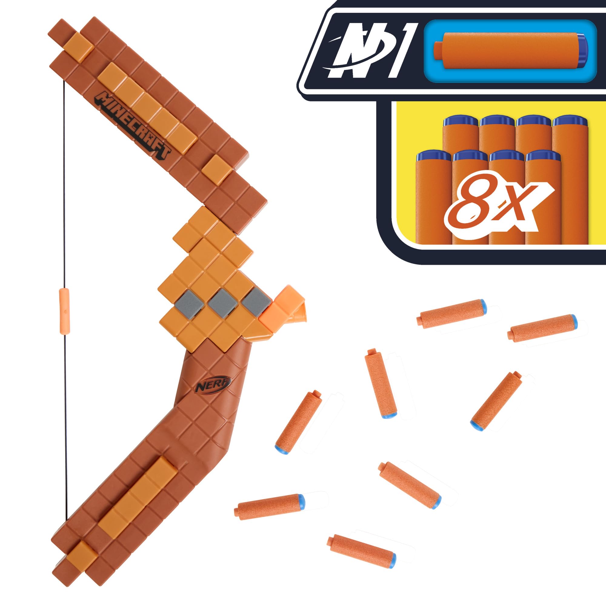 Nerf Minecraft Bow Dart Blaster, Pull-Back String Priming, 8 Nerf N1 Compatible Only with N1 Dart Blasters, Ages 8+