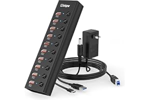 Powered USB 3.2 Hub, Intpw 10 Port USB Adapter with 10Gbps High-Speed Data Transfer, USB Splitter with Individual On/Off LED Switches for Laptop, PC, Flash Drive, Printer, Camera, Mouse, Keyboard…