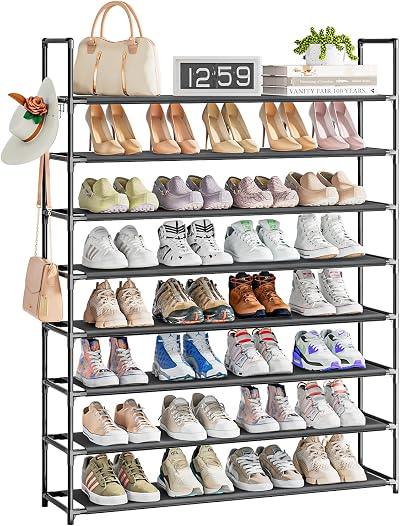 OYREL 8 Tier Shoe Rack 32-40 Pairs Black Non-Woven Storage Organizer