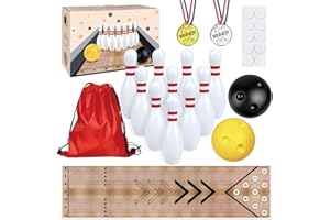 PPXMEEUDC Mini Bowling Set Indoor Outdoor Indoor Bowling Set with Guide Arrow Mat Gold and Silver Medal Backpack Dispensing Suitable for Family Friends Family Party Entertainment