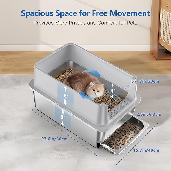 23.6X16X14” SIFTING LITTER BOX WITH DRAWERS, STAINLESS STEEL DRAWER LITTER BOX WITH 6” LID & METAL SCOOP, XL CAT LITTER TRAY, ODOR-CONTROL & SAVES CLEAN TIME, FITS MOST CATS