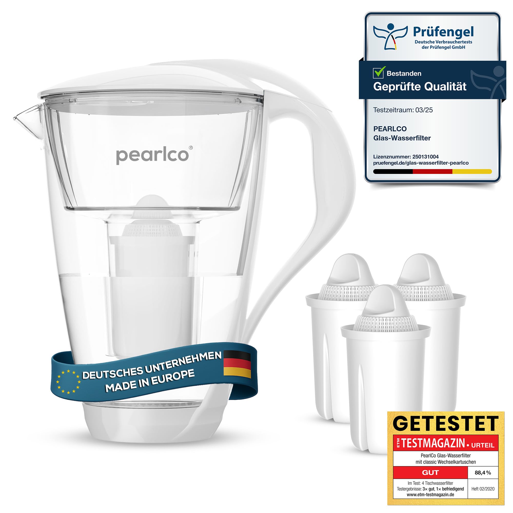 PearlCo Glass Water Universal classic Filter (white) incl. 3 Universal classic Filter Cartridges (compatible with Brita® Classic)
