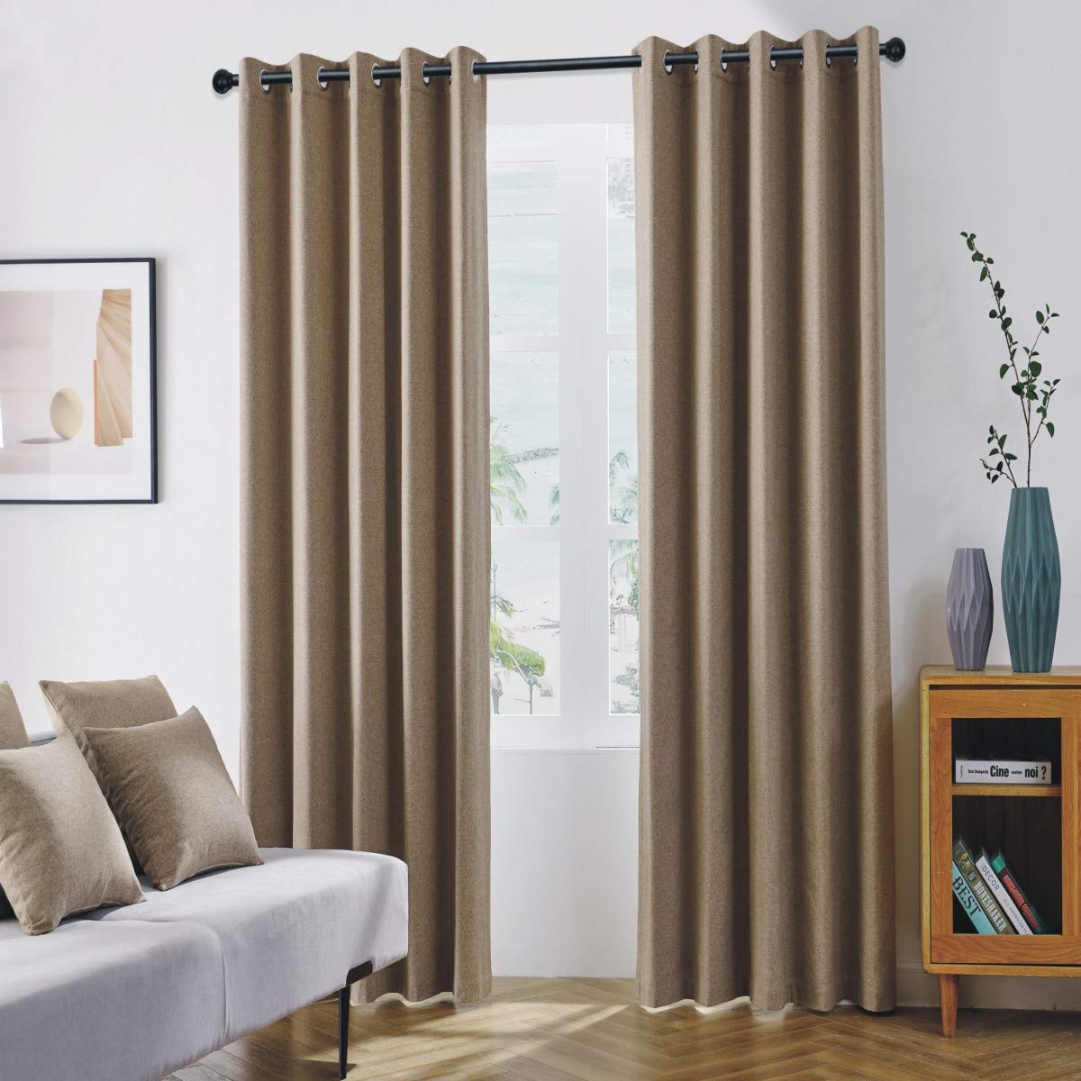 Coastline Luna brushed blackout eyelet curtains Mocha Camel Coffee thermal insulated window treatment 2 panels blinds floor curtains for bedroom,Livingroom,Kids nursery room Width 46" x Drop 72"