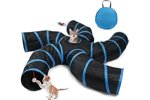 Joytale 5-Way Cat Tunnels for Indoor Cats, Pet Tube Toy with Bell Ball and Toy Mouse, S-Shape Collapsible Tunnel with Interactive Hole for Kitty, Kitten, Rabbit, Puppy (Blue&Black)