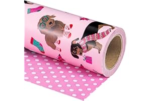 WRAPAHOLIC Reversible Dog Christmas Wrapping Paper - Mini Roll - 17 Inch x 33 Feet - Pink Christmas Dog Wrapping Paper and Polke Dot Design for Holiday, Puppy Party Celebration