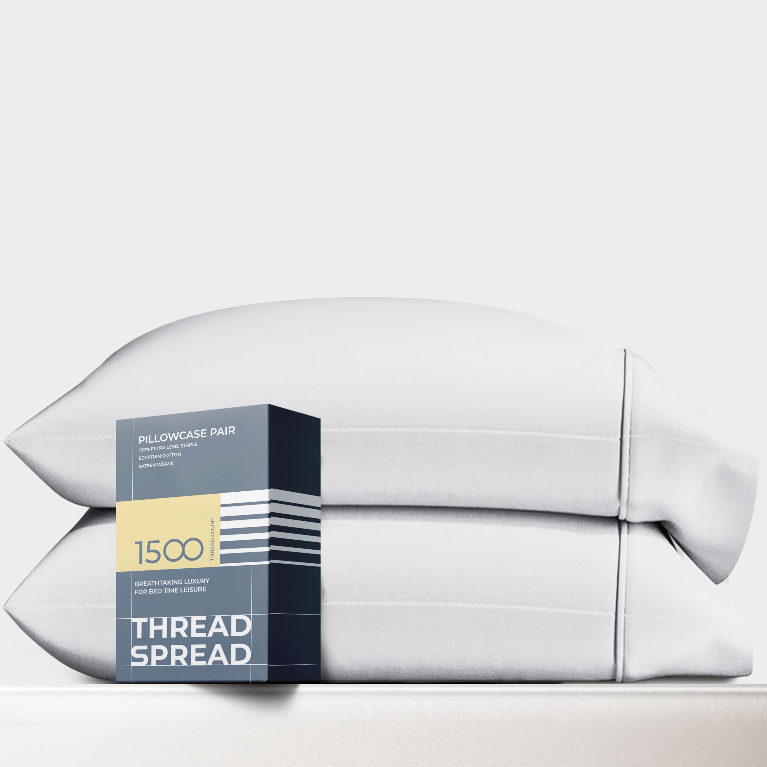 Photo 1 of THREAD SPREAD 100% Egyptian Cotton Pillow Cases King Size Set of 2 - Luxury 1500 Thread Count Sateen White Pillow Covers, Soft & Breathable 5 Star Hotel-Quality Pillowcases, Fits King Size Pillows