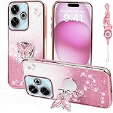 RTYQXK for Xiaomi Redmi 13 Phone Case,for Poco M6 4G / Poco M6 Plus 5G Mobile Phone Case for Women and Girl, Glitter Butterfly Floral TPU Protective Cover with Kickstand+Strap for Redmi 13 (Pink)