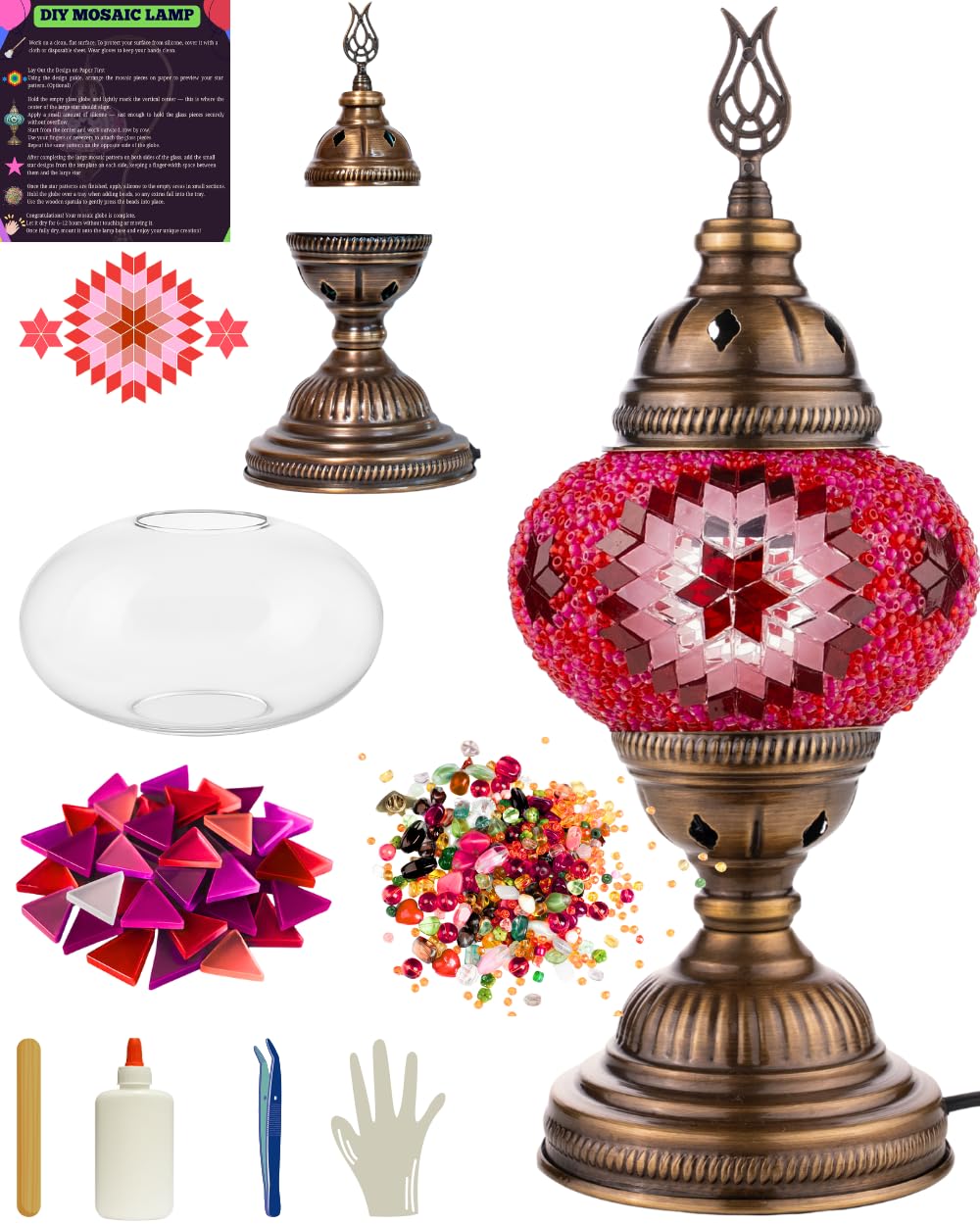 DEMMEX DIY Turkish Mosaic Lamp Kit – Complete Arts & Crafts Gift Set for Adults & Teens – Easy & Fun Home Décor, Make Your Own Table Lamp (Classic, Pink)