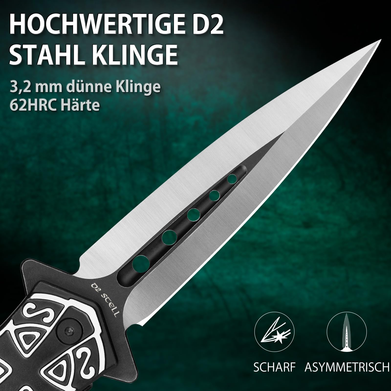 LOTHAR PASTOR 2 Klappmesser, D2 Stahl Einhandmesser mit Gürtelclip, Taschenmesser mit 3D Prägen Reliefgravur, Liner Lock, Geeignet für Sammlung 3