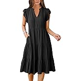 Womens Summer Ruffle Sleeve V Neck Midi Dress 2024 Fashion Casual Fit Flowy Tiered Boho Beach Vacation Sundress