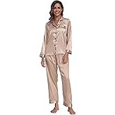Super Shopping-zone Women's Satin Pajama Set Long Sleeve Pajamas Button Down Pjs Set Silky Sleep Set Sleepwear Loungewear