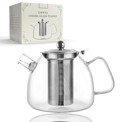 LIBWYS Glass Teapot with Removable Strainer - 1000ml, Heat-Resistant Borosilicate Glass Pot for Brewing Tea, Tea Bags & Herbs