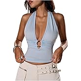 Milumia Women's Ring Decor Deep V Halter Top Low Cut Sleeveless Backless Slim Tank Tops Concert Outfits