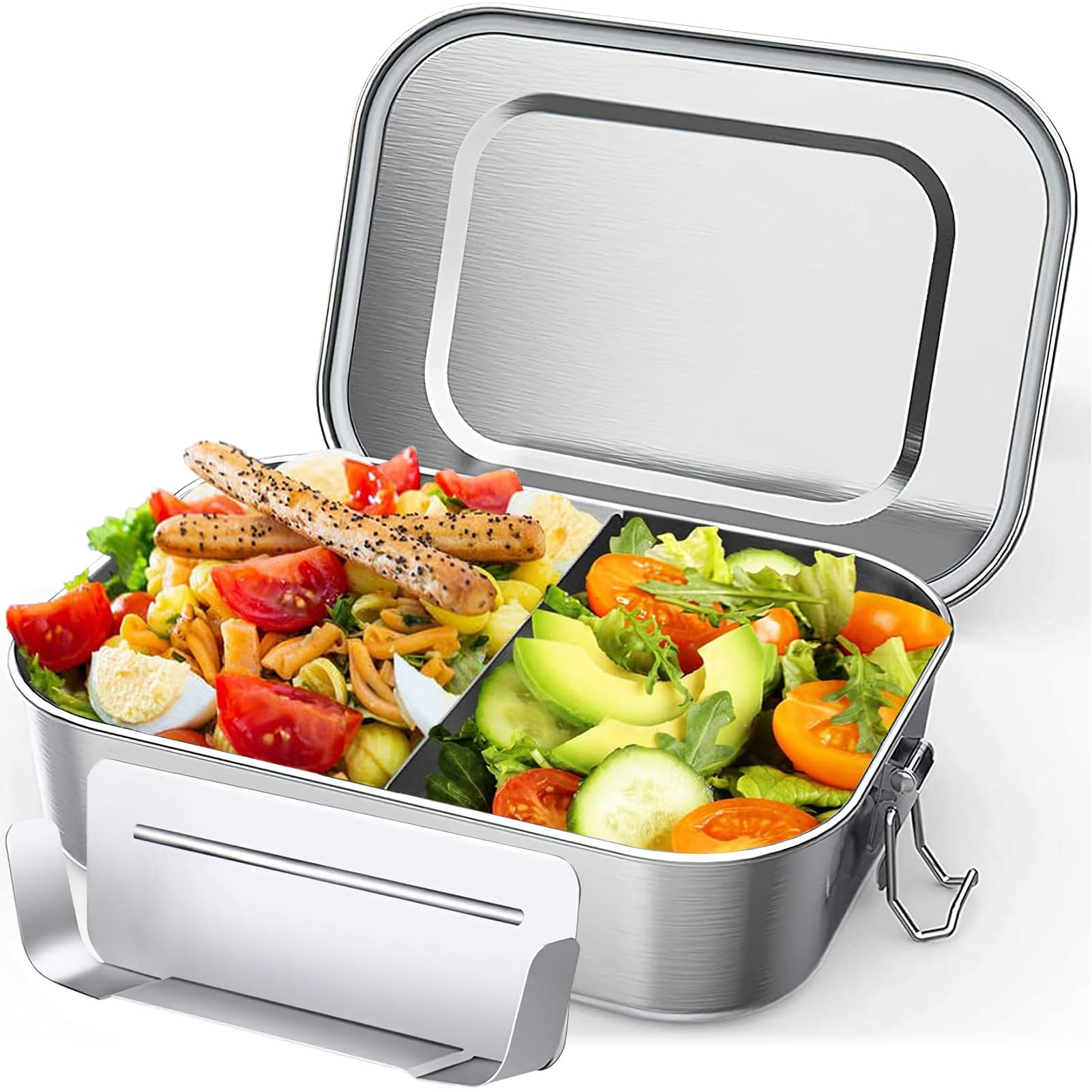 OITUGG Stainless Steel Lunch Box - 2400ml Metal Lunch Box for Adults, with 1pcs Removable Divider, Designed Snap-on Buckles and Silicone Ring Inside Lids, Dishwasher-Safe, 24 x17 x7.7cm
