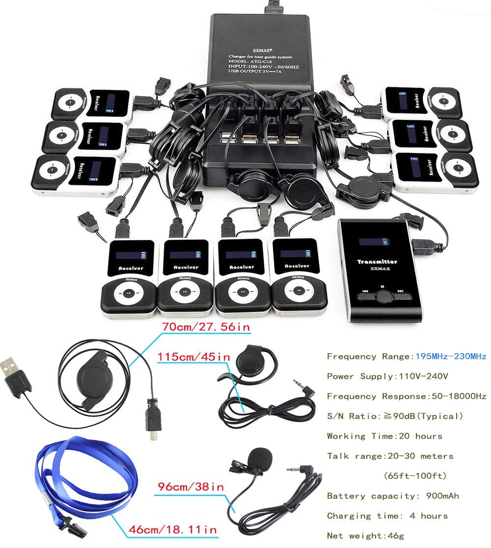 EXMAX Wireless Tour Guide Voice Audio Transmission System ATG-100T 195MHz Whisper Interpretation Equipment for Church Courtroom Simultaneous Translation(1 Transmitter 5 Receivers USB Charging Base)
