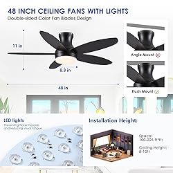 BYKISTOK 48 Inch Ceiling Fan with Light, Black