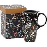 DUSVALLY Ceramic Mug Travel Coffee Cup with Lid for Dorm, Room and Office, Porcelain Latte Tall Tea Cup with Handle for Latte, Cappuccino and Cocoa, 17 oz, Multicolor Flower
