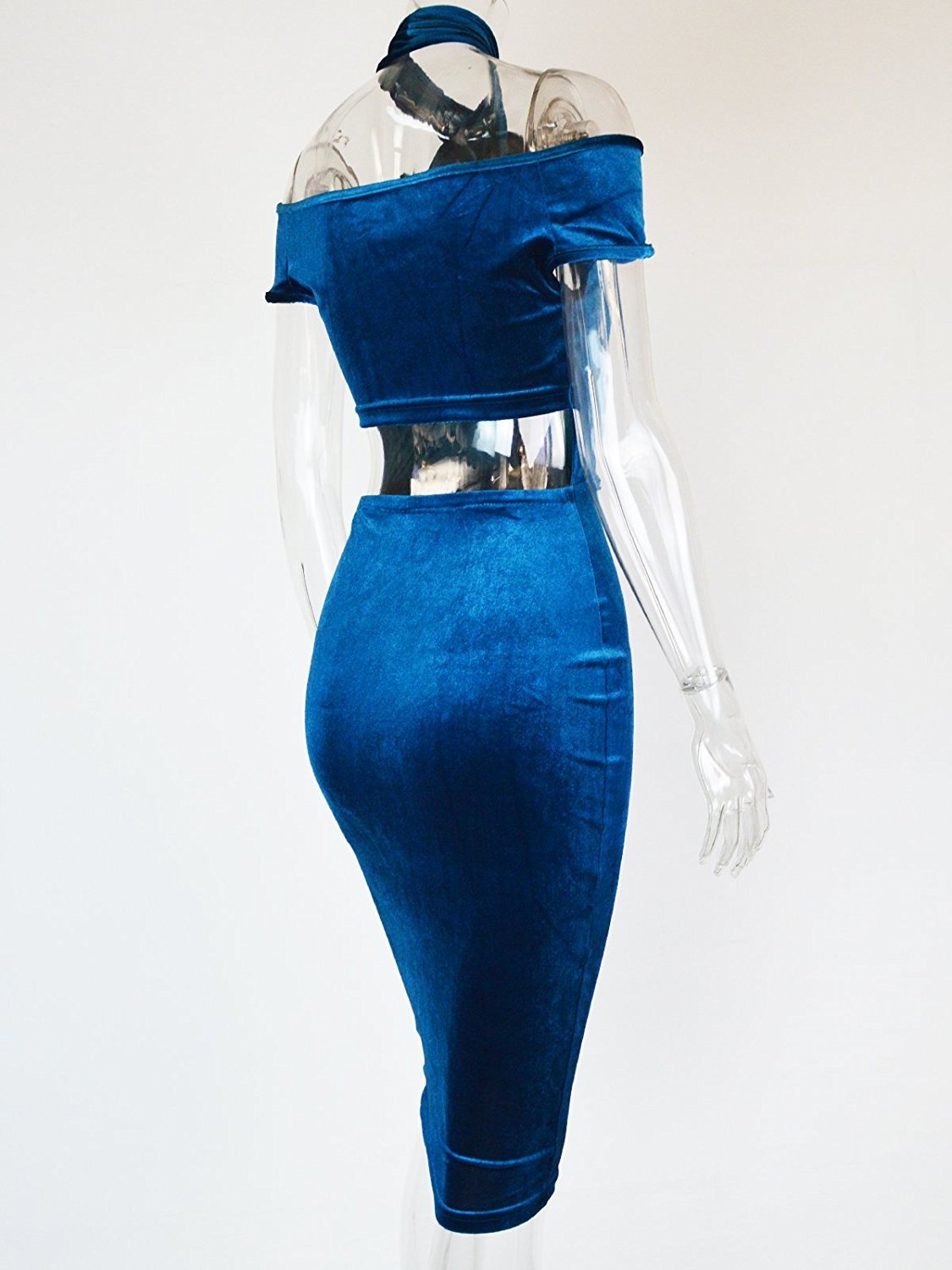 Women\'s Sexy Halter Off Shoulder Velvet Midi Club Bodycon Dress Dark Blue L