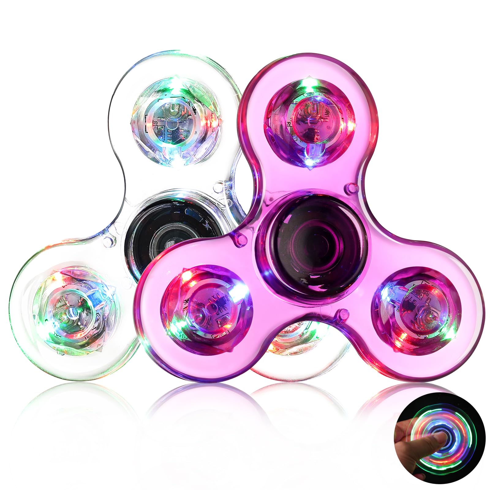 SCIONE 2PCS Crystal LED Light Fidget Spinner for Kids,Light Up Fidget Toys for Kids,Glow in The Dark Party Bag Fillers for Children Adults(Crystal- Purple and white)