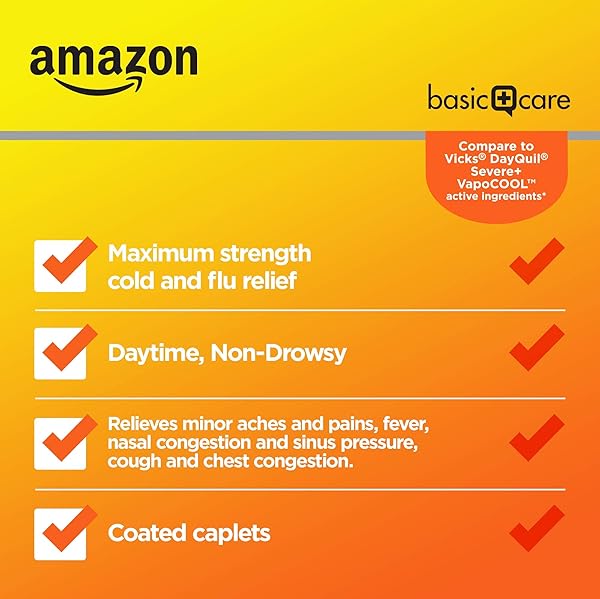 AMAZON BASIC CARE DAYTIME SEVERE COLD & FLU RELIEF CAPLETS, MEDICATION FOR SEVERE COLD AND FLU SYMPTOMS LIKE HEADACHE, FEVER, COUGHING, CHEST & NASAL CONGESTION, VAPOR ICE, 24 COUNT