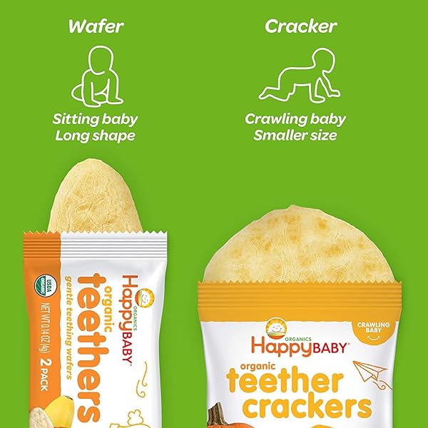 HAPPY BABY ORGANIC TEETHERS, BANANA AND SWEET POTATO, GENTLE TEETHING WAFERS, PACKETS, SOOTHING RICE COOKIES FOR TEETHING BABIES, 2 COUNT PER PACK, 12 COUNT PER BOX, 1.7 OUNCE