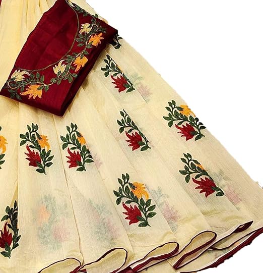 Women's Chanderi Cotton Embroidery Work Pipping Border Saree With Red Blouse With Work
