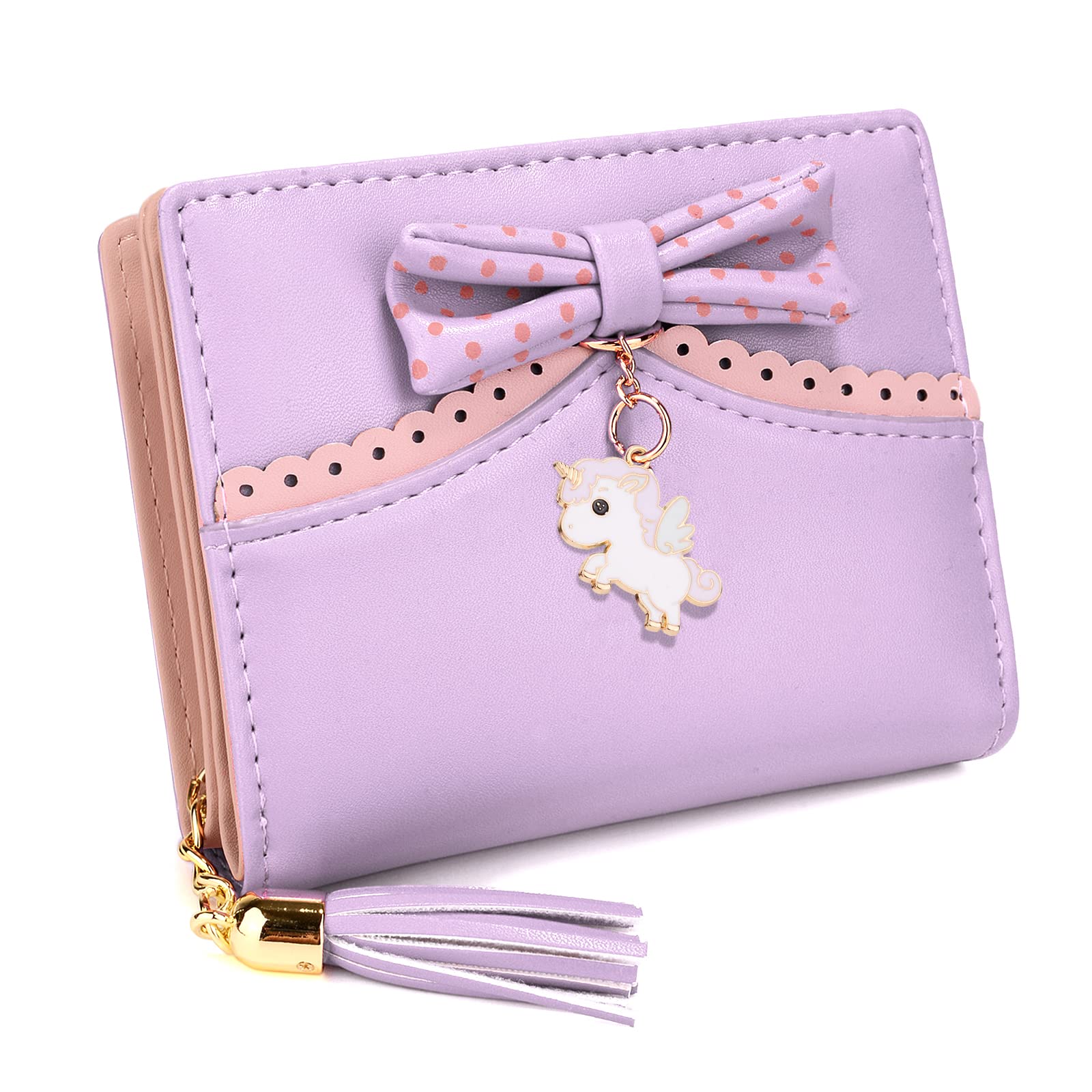 UTO Unicorn Wallet Women Zipper Coin Pocket Card Purse with Bowknot Tassel Light Purple