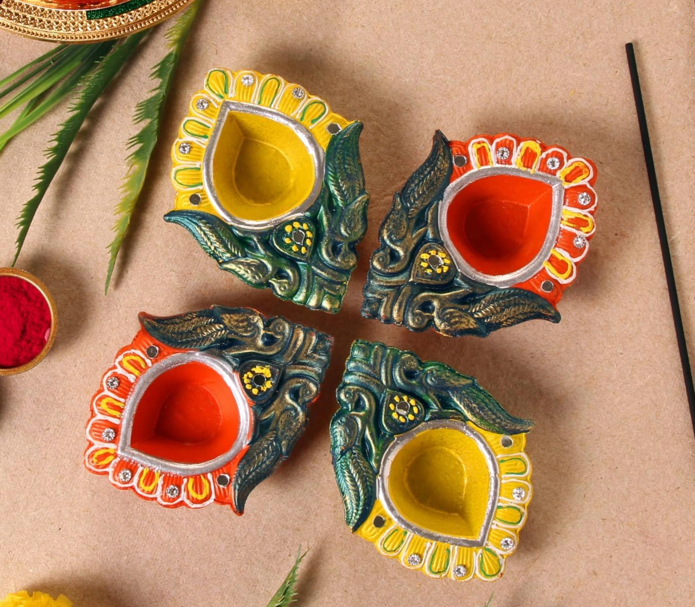 Oil Lamps & Accessories - Handmade Premium Set of 4 Multicolor Peacock Design Clay Diya for Diwali Decorations Oil Lamp Terracoaat Diwali Clay Diya Tea Light Holder Home Decor Festival Gifts Puja Items Diwali