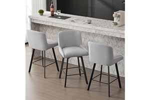 SAECKBERG Swivel Bar Stools Set of 3, 26''H Upholstered Barstools with Backs, Modern Counter Height Bar Stool Chairs for Kitchen Island, Metal Legs, Light Gray Fabric Counter Stools