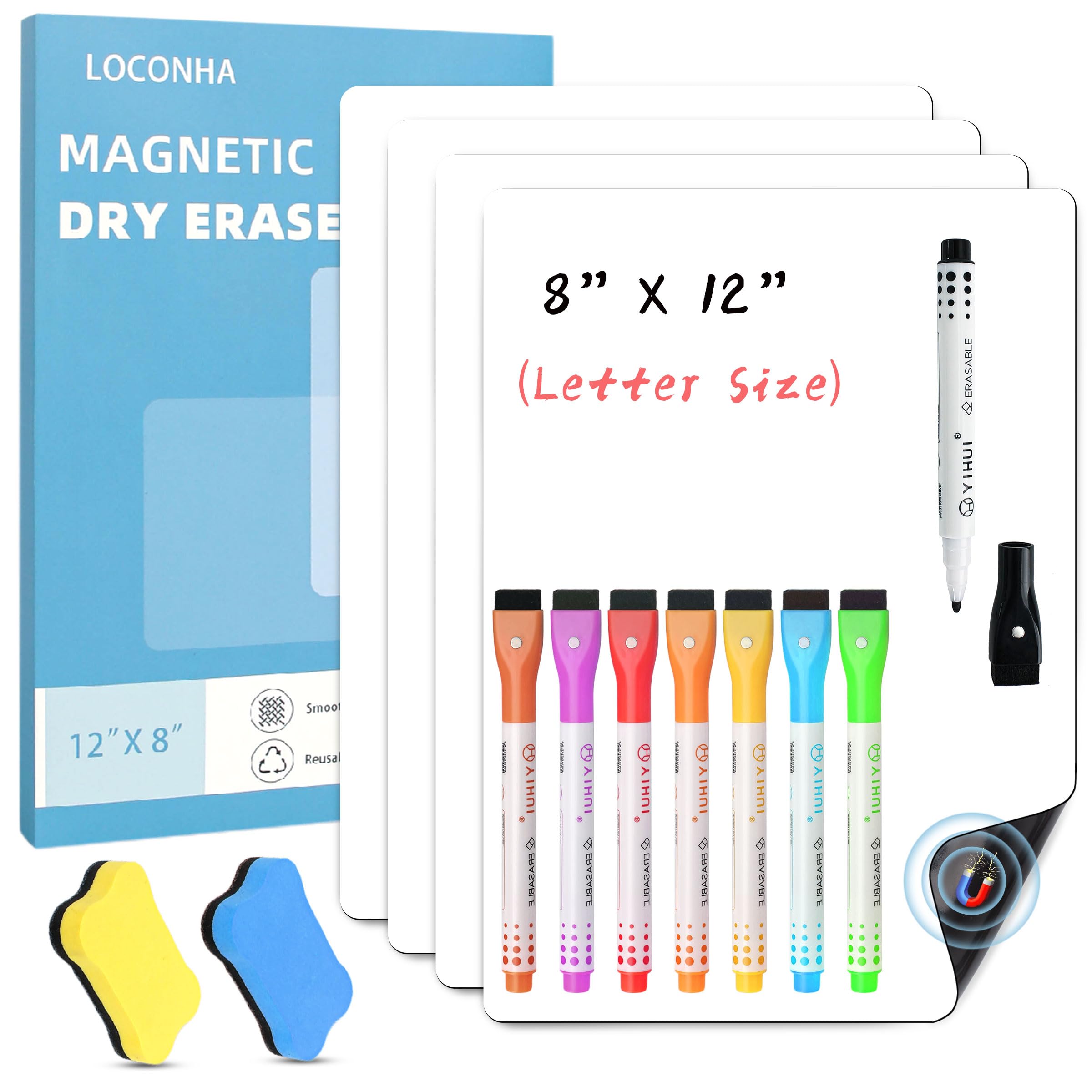Photo 1 of LOCONHA 4PCS Small Magnetic Dry Erase Board Sheet for Refrigerator, Fridge Whiteboard for Kitchen, 12"x8" White Board Organizer and Planner with Stain Resistant Technology, Include 2 Eraser, 8 Markers