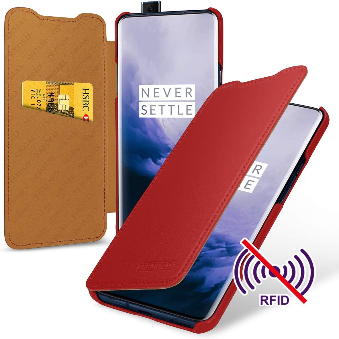 TETDED Genuine Leather Case for OnePlus 7 Pro, Book Type with Card Slot and RFID Blocking Function, Dijon VIII (Nappa Red)