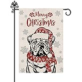 Christmas Dog Garden Flag English Bulldog with Scarf Xmas Flags Double Sided Vertical Decorative Burlap Flag Holiday Decorations for Yard Lawn Outdoor 12.5 x 18 Inch