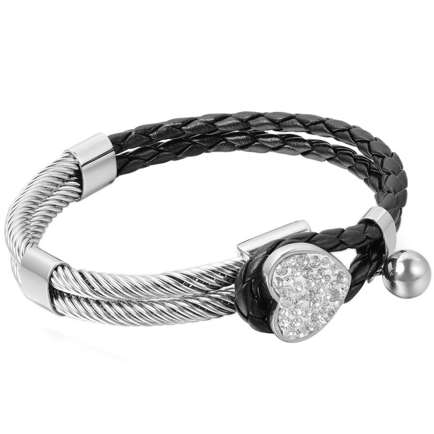 Cupimatch Women's Rhinestone Love Heart Charm Stainless Steel Bracelet Braided Leather Cuff Bangle, Black Silver