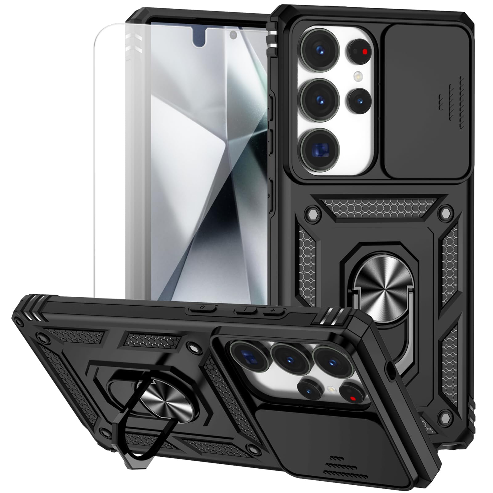 for Samsung Galaxy S25 Ultra Case with Camera Lens Cover HD Screen Protector, Military-Grade Drop Tested Magnetic Ring Holder Kickstand Protective Phone Case for Samsung Galaxy S25 Ultra (Black)