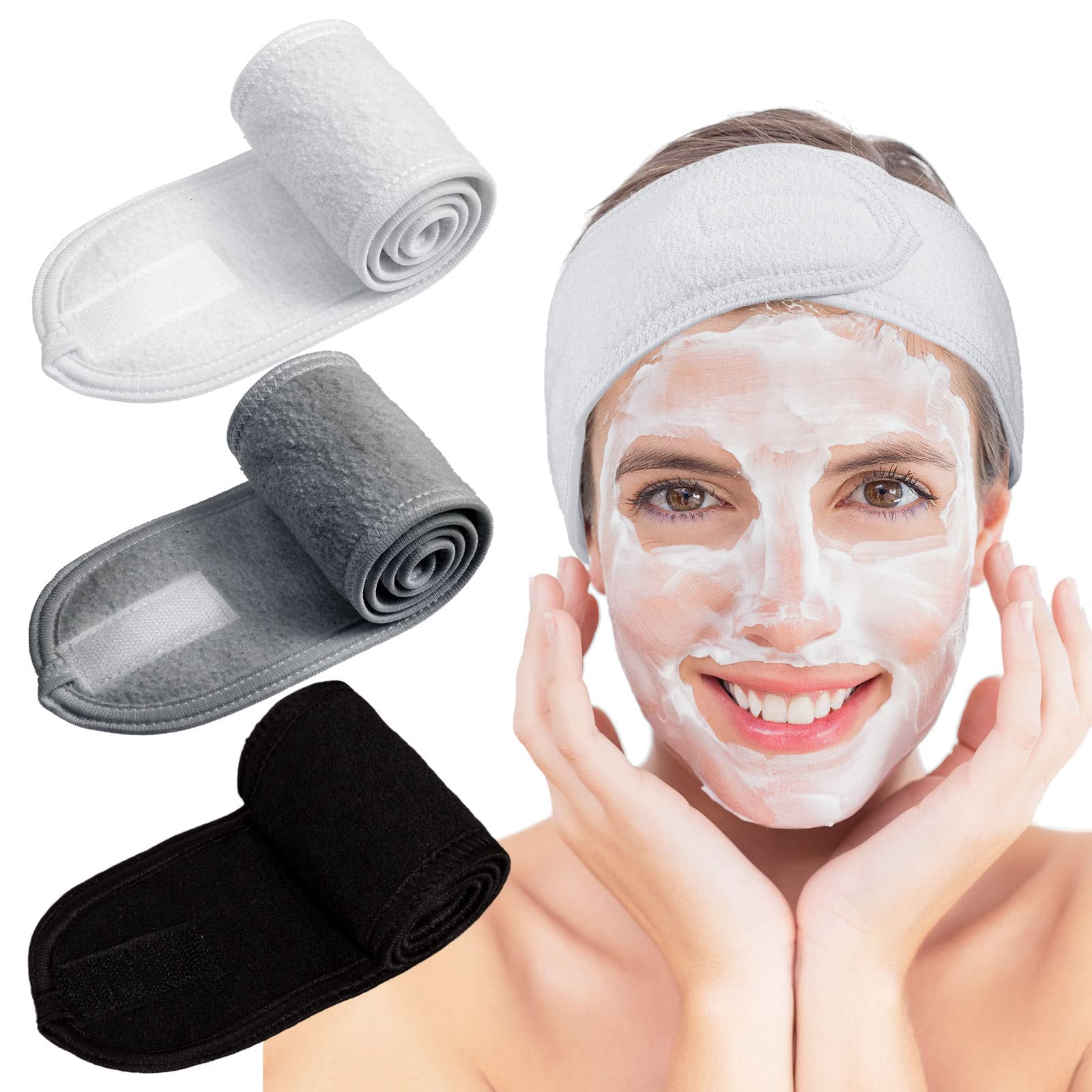 Whaline Spa Facial Headband Make Up Wrap Head Terry Cloth Headband Adjustable Towel Face Washing,Shower,Facial Cover, 3 Pieces (White, Black, Gray)