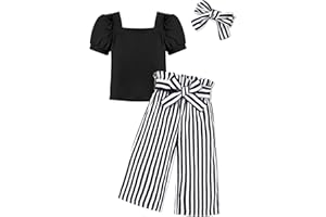 DONWEN Toddler Kids Girl Clothes Square Neck Shirt Top + Stylish Pants + Headband 3pcs Spring Summer Girl Outfits Set