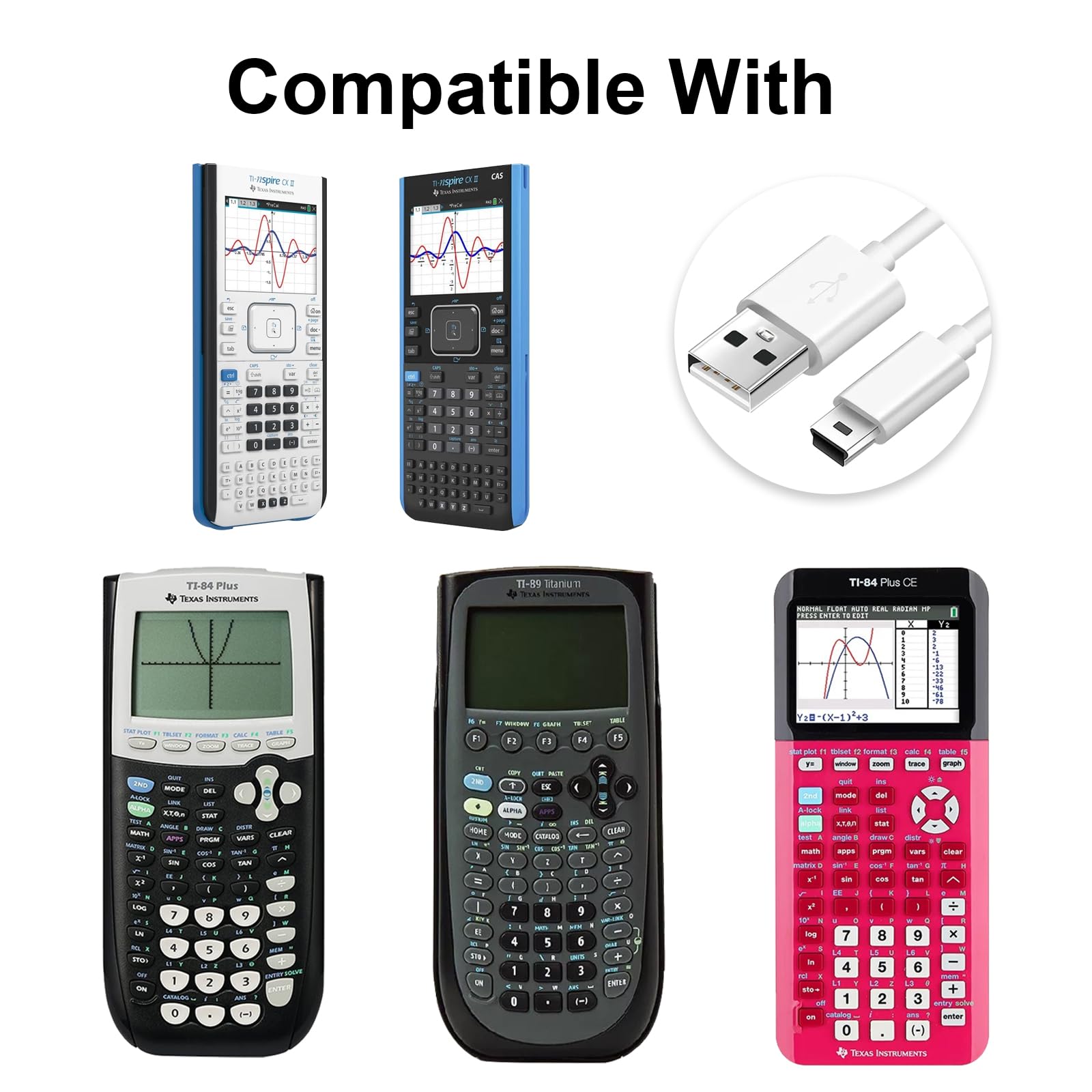 (2 Pack) Mini USB Charger and Data Cable for Texas Instruments Calculators TI-84 Plus CE Graphing Calculator, TI-Nspire CX/CX CAS, TI-84 Plus CE Color/C Silver, TI 89 Titanium (White)