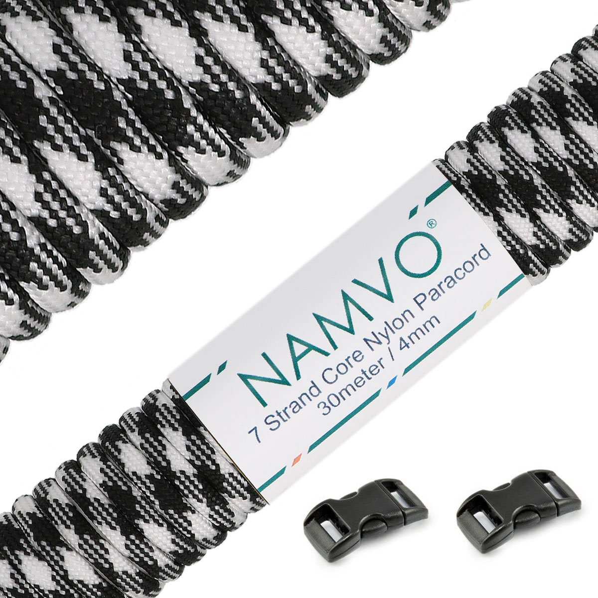 Namvo 550 Paracord Mil Spec Type III 7 strand parachute cord Total Length 100ft / 30 Meters, Black and white camouflage