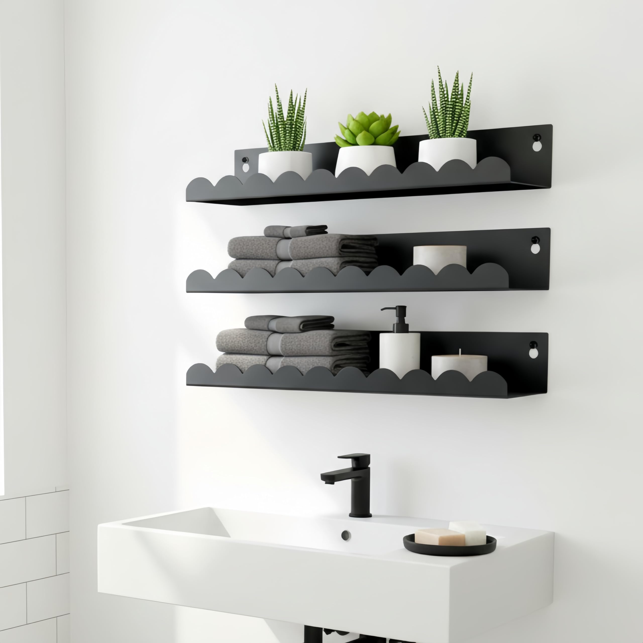 FESTLOVE Nursery Book Shelves Set of 6, Black Metal Floating Shelves for Wall, 16 Inch Scalloped Book Shelf for Kids Room, Bathroom, Bedroom, Playroom Wall Decor & Storage