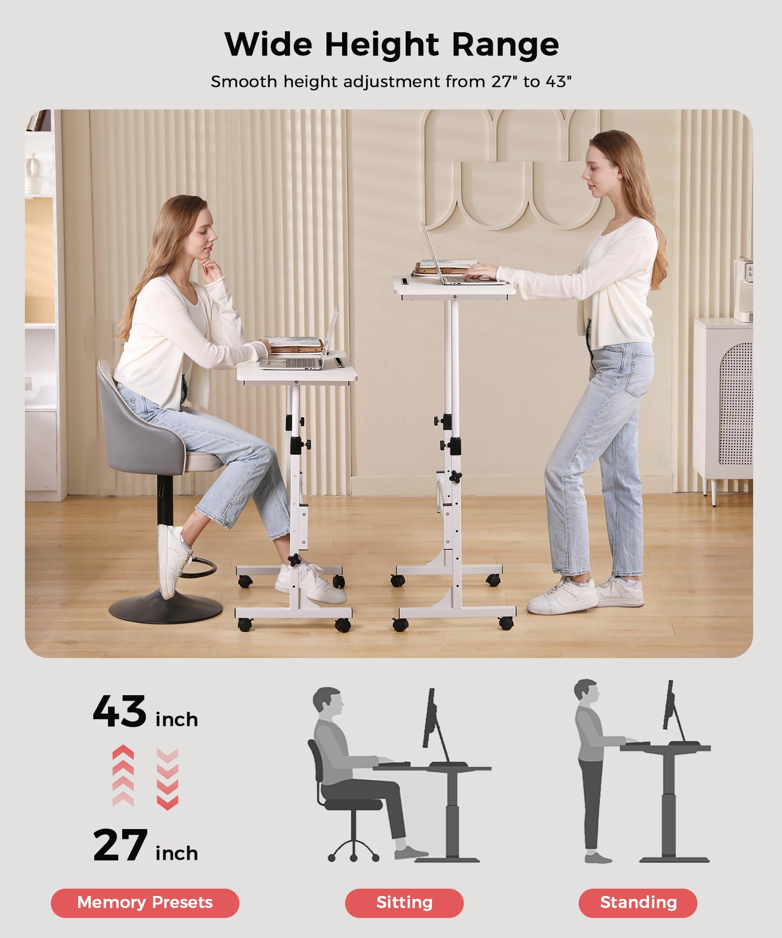 KLSMYHOKI Portable Standing Desk Adjustable Height, Small Computer, Laptop, Mobile Stand Up Rolling Desk with Wheels, Table for Home Office, 16