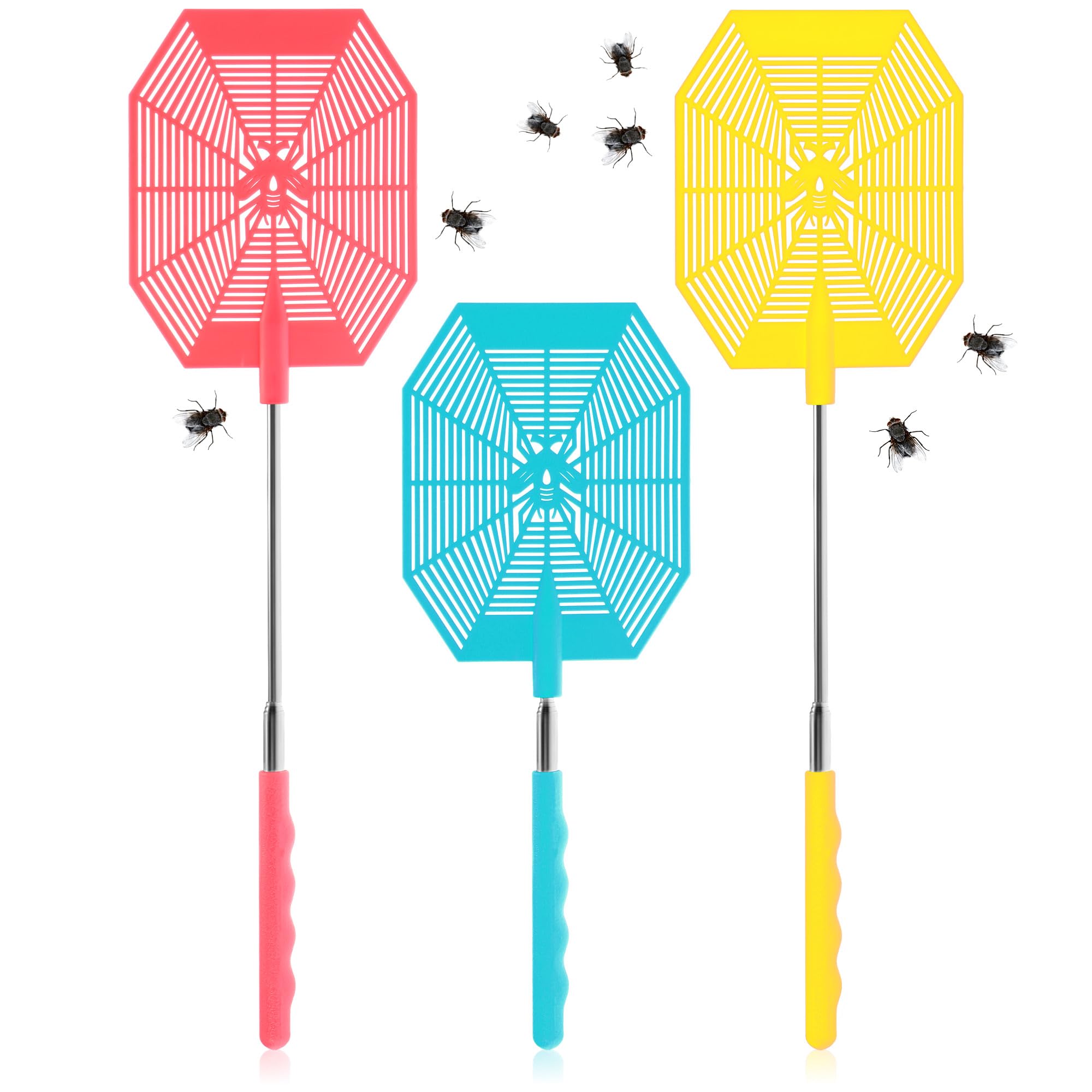 COM-FOUR® 3x fly swatter with telescope, extendable 27-58 cm, telescopic swatter to ward off flies, wasps, mosquitoes and other insects - stable insect swatter (003 pieces blue yellow pink)