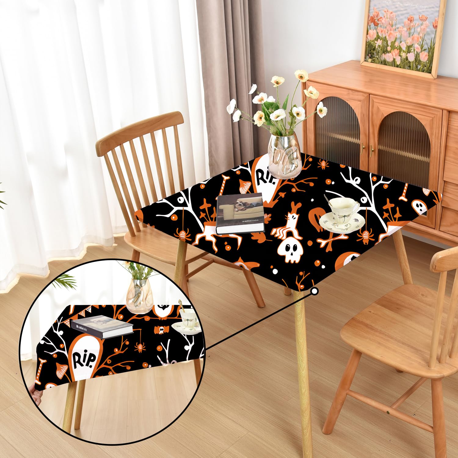 Amonsa Halloween Table Cloths Fitted Square Tablecloths with Elastic: Stretchy Spandex Fabric Patio Coffee Table Cover Protector No Slip Cute Ghost 42x42 Inch